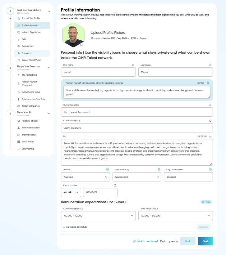 CiHR Talent profile build page showing editable profile information